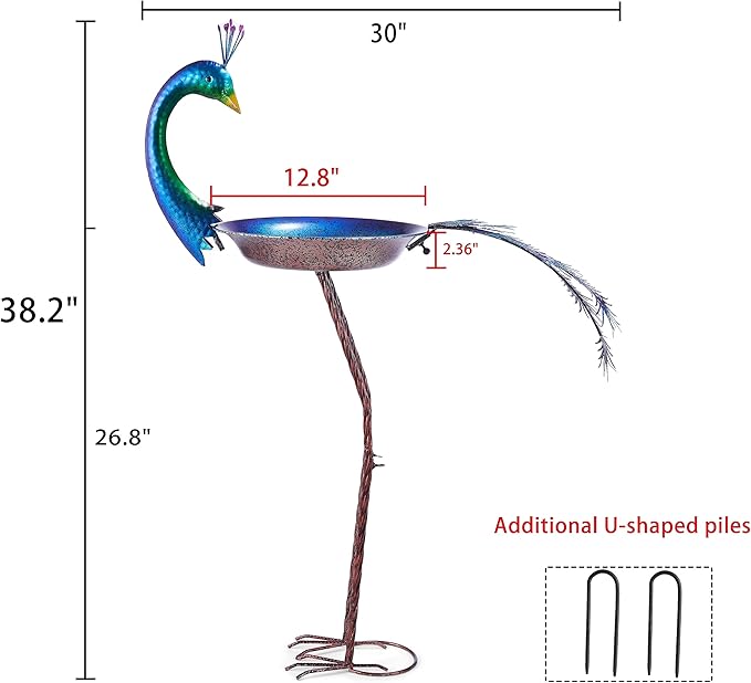 12.8" W*38.2" H Peacock Bird Baths for Outdoor, Metal Bird Feeder Seed Trayr,Bird Bath Drinker Plate, Garden Lawn Yard Decor(Multicolor)
