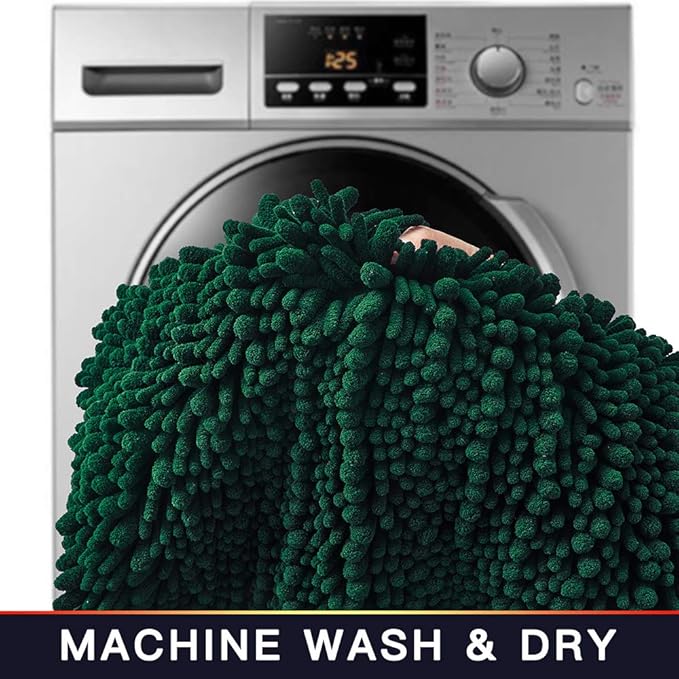 Walensee Bathroom Contour Rug Non Slip Toilet U Shaped Bath Mat (20x24, Hunter Green) Water Absorbent Super Soft Shaggy Chenille Machine Washable Dry Extra Thick Perfect Absorbant Best Plush Carpet