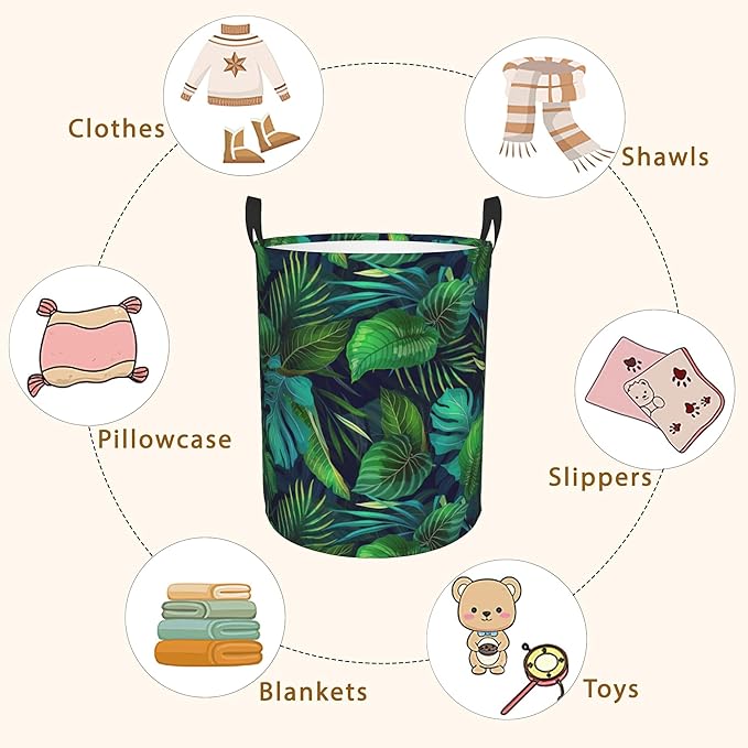 Exotic Tropical Leaves Plants Laundry Basket,Waterproof Foldable Laundry Hamper,Dirty Clothes Laundry Basket, Linen Bin Storage Organizer for Toy Collection 16" x 20"