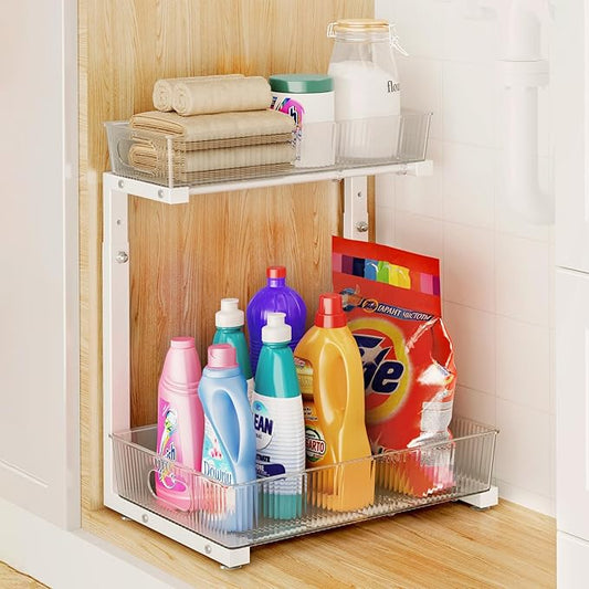 Under Sink Organizer, Under Sink Organizers and Storage with Adjustable Height and PET Basket, Pull Out Under Cabinet Organizer for Counter Kitchen, Vanity, Laundry, Pantry (1Pack, White)