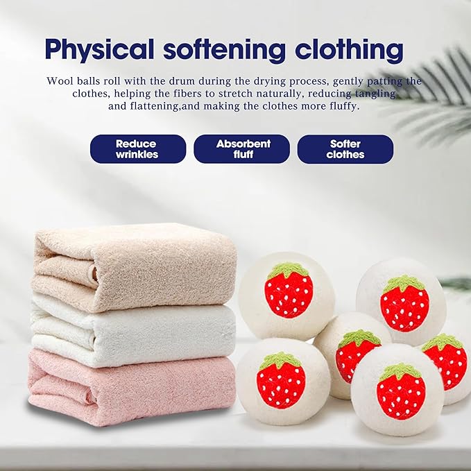 Wool Dryer Balls，New Zealand Wool Laundry Balls for Dryer (Pack of 3, Strawberry Handmade Pattern)，Softens Clothes,Naturally Reduces Drying Time and Static Electricity