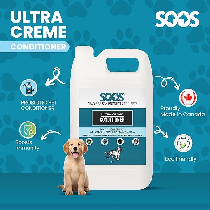 Soos Pet Conditioner Ultra Crème Natural Dead Sea Minerals Smoothness Polish Deeply Absorbing with Vitamins Essential Oils Natural Ingredients for Dogs and Cats - 1 Pack (4L)