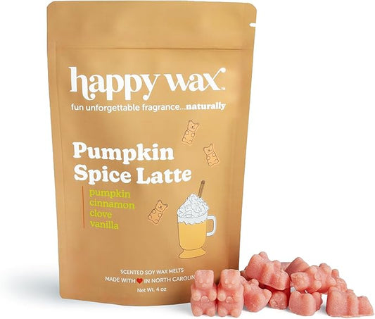 Happy Wax Pumpkin Spice Latte Scented Bear Wax Melts - Natural Strong Scented Fall Infused with Essential Oils - Non Toxic & Pet Safe - 4 oz Pouch