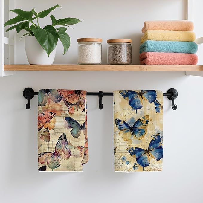 2 Pcs Vintage Butterfly Kitchen Towels, Rustic Decorative Absorbent Microfiber Dish Cloth Tea Towel, Artistic Waffle Soft Hand Towels for Farmhouse Home Bathroom, Butterfly Gifts