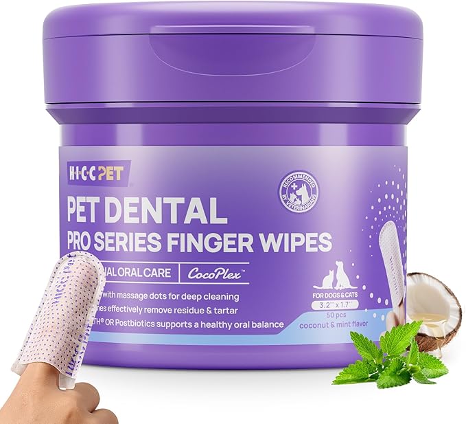 HICC PET Dog Dental Wipes & Cat Toothbrush and Toothpaste Alternative, Teeth Cleaning Wipes for Dogs & Puppies, Remove Plaque & Tartar, Fresh Breath Oral Hygiene, Pet Oral Care Wipes, 50 Count