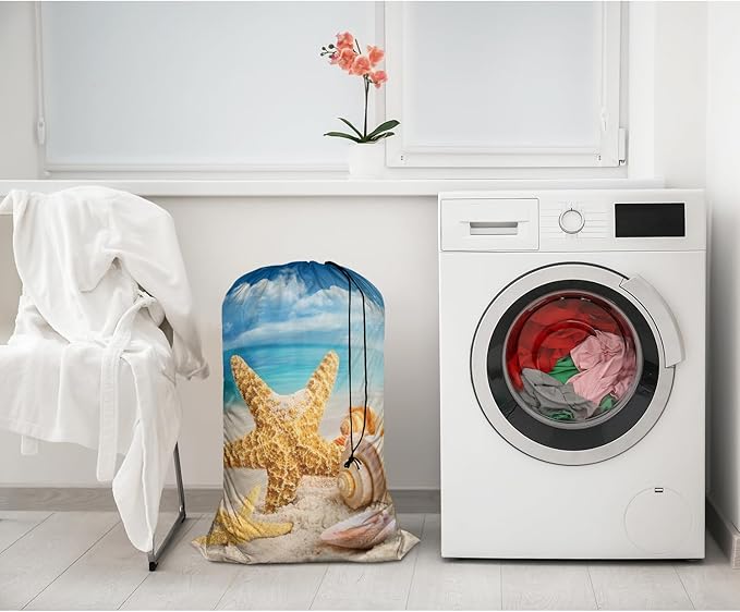 Swono Starfish Laundry Bags for Travel, College, Camping and Gym Seashells On The Beach Blue Sky Coast Shore 28" x 40", Polyester