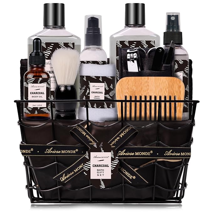 Father Day Gift for Men Spa Gifts for Men, Charcoal Bath and Body Gift Set for Men, 10 Pcs Spa Kits Ideal Birthday, Christmas. Men's Relaxation Bath Baskets, Self Care Kit