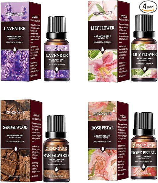 Lavender Rose Sandalwood Lily Essential Oils Set - 4x10ml Aromatherapy Blends for Sleep & Emotional Balance