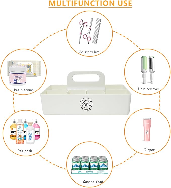 Dog Storage Organizer for Grooming Supplies,8-Compartment Caddy for Dog Cat Grooming Kit,Pet Stuff Storage, Ieal for Shampoo, Trimmer,Clipper,Combo,Brush-Modern Minimalist White