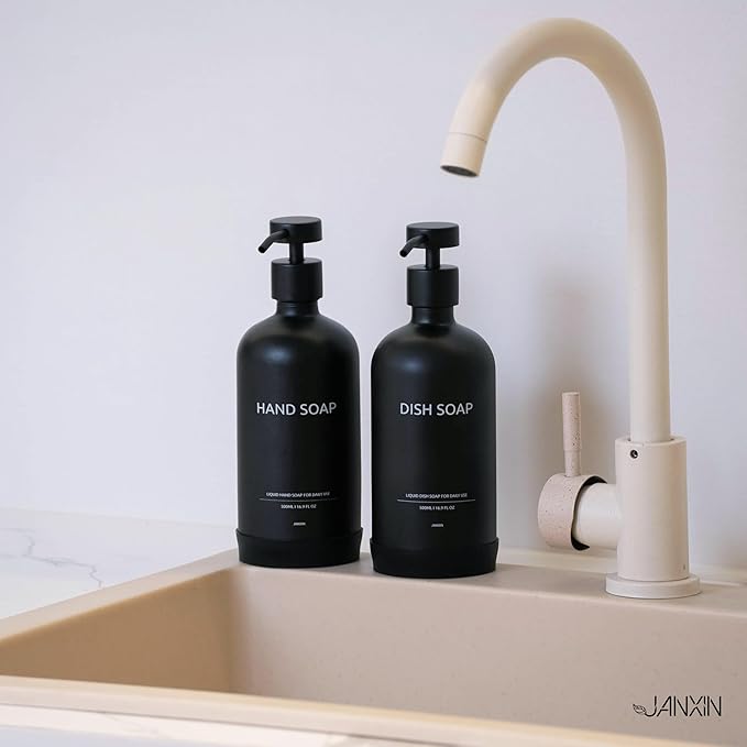 Kitchen Soap Dispenser Set with Non-Slip Protective Silicone Pad,Hand Soap Dispenser for Kitchen and Bathroom Decor, Black Kitchen Accessories (Black Bottles +Black Pumps)