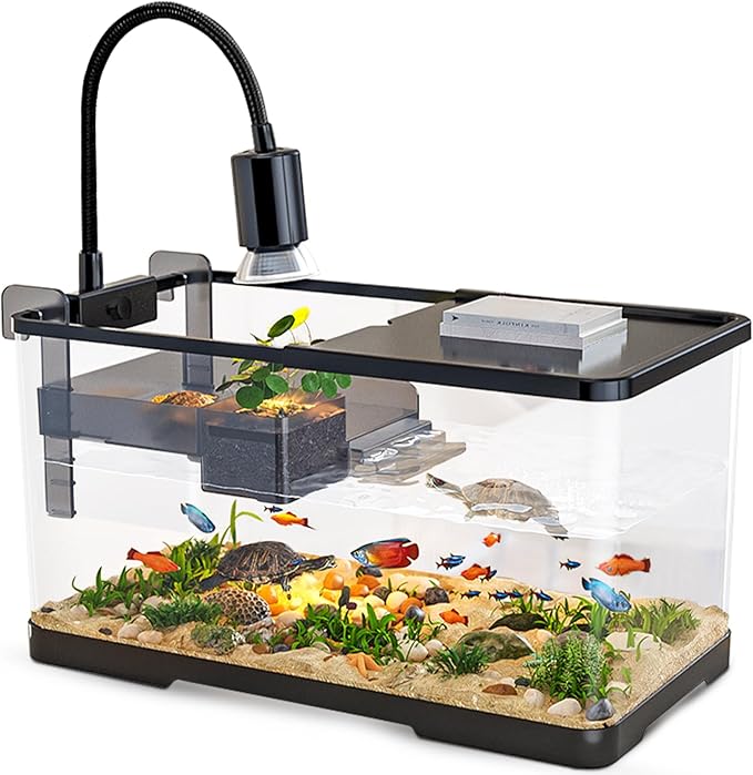 (Tank + Light + Filter Balls) Turtle Tank Kit, Turtle Tank Starter Kit,Bottom Drainage, Multi-Function Areas for Turtles, Crabs,Fishes, Amphibians,Reptiles. (11.81 × 7.88 × 7.88 Inch)