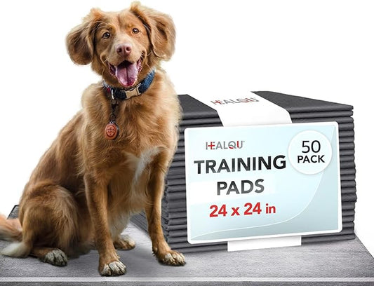 Healqu Puppy Pads - 24x24 50 Count Dog Training Pad Black Charcoal, Activated Carbon & Advanced Leakproof Technology - Ultra Absorbent, Puppy Pee Pads - Dogs, Puppies, & Cats, Pet Training Pads