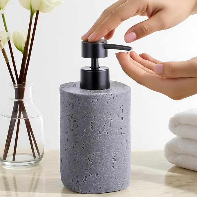 2 Pack Gray Resin Soap Dispensers, Refillable Liquid Lotion Dispenser Bottles with Travertine-Look for Bathroom and Kitchen Countertop, Modern Stone Texture (10.8 oz)