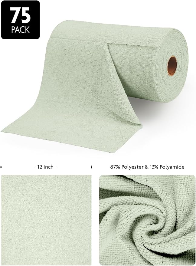 Fantasticlean Microfiber Cleaning Cloth Roll -75 Pack, Tear Away Microfiber Towels, 12" x 12", Reusable, Washable, Scratch Free, Ultra Absorbent Dishcloth for Home Supplies, Car, Pet (Moss Green)