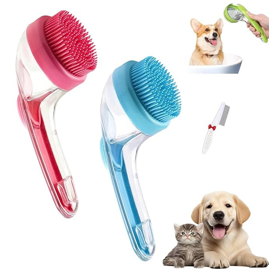 Pets Bath Brush, Soft Silicone Deep Cleaning Scrubber with Built-In Shampoo Dispenser, 2 in 1 Dog Grooming Massage Brush for Dogs Cats (2Pcs, F)
