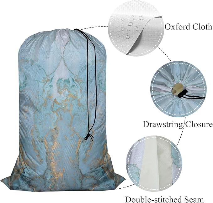 Swono Marble Stone Laundry Bag with Drawstring Closure, Foldable, Compact, Lightweight, 28" X 40" Blue Golden Liquid Lines Packable Dirty Clothes Pouch for College Dorm, Camp, Road Trip, Cruise or Gym