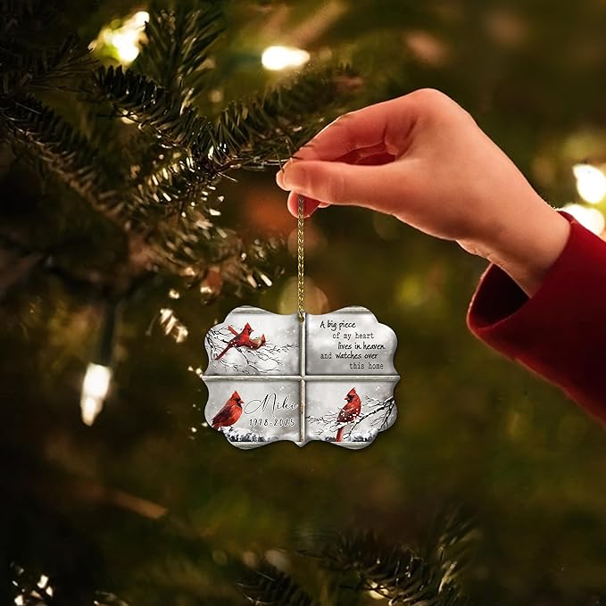 HYTURTLE Personalized Memorial Sympathy Christmas Ornament Tree Decor Gifts for Family Loss of Loved One Mom Dad - Cardinal Piece of Heart in Heaven Custom Name Aluminium Ornament