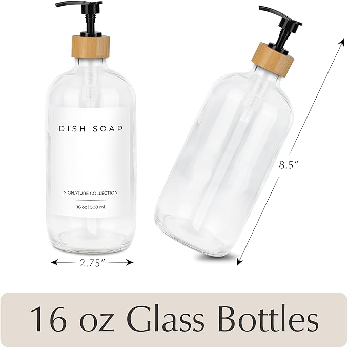 Emerson Soap Dispenser, Dish Soap Dispenser for Kitchen, Soap Dispenser Bathroom Set - Hand Soap Dispenser, Kitchen Soap Dispenser Set, Glass Soap Dispenser with Pump and Labels, 16 Oz | 2-Pack