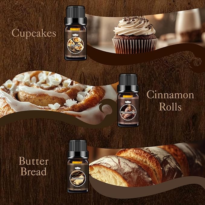 Bakery Essential Oils Set, Fragrance Oil for Diffusers for Father's Day, Candle Making, Aromatherapy Scented Oil Gift for Men - Vanilla Bean, Cookies, Chocolate Crepes, Cupcakes, Cinnamon Rolls, Bread