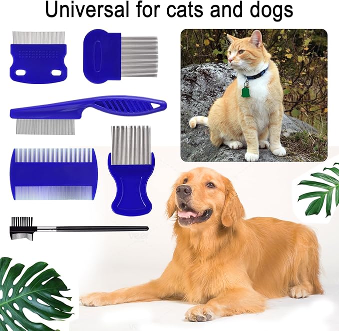 6 Pack Flea Comb for Cats Dogs,Stainless Steel Dog Cat Grooming Combs With Rounded Teeth,Double-Sided Tear Stain Remover,Dematting Comb For Dogs Cats Ideal for Small, Medium & Large Pets (Blue)