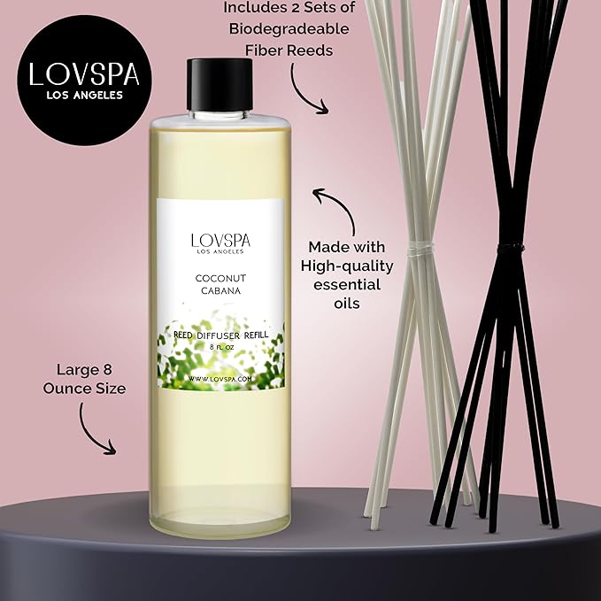 LOVSPA Coconut Cabana Diffuser Oil - Essential Oils for Diffuser Refill & Air Freshener Room Spray - Long-Lasting & Natural Home Fragrance, Scented Oil for Diffusers, USA Made, 8 oz