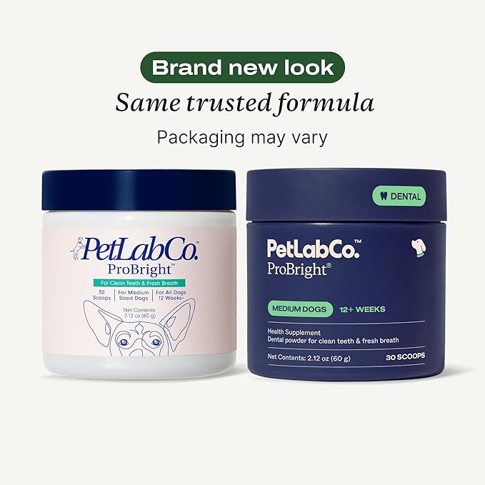 PetLab Co. ProBright Dental Powder - Dog Breath Freshener - Teeth Cleaning Made Easy – Targets Tartar & Bad Breath - Formulated for Medium Size Dogs - Packaging May Vary