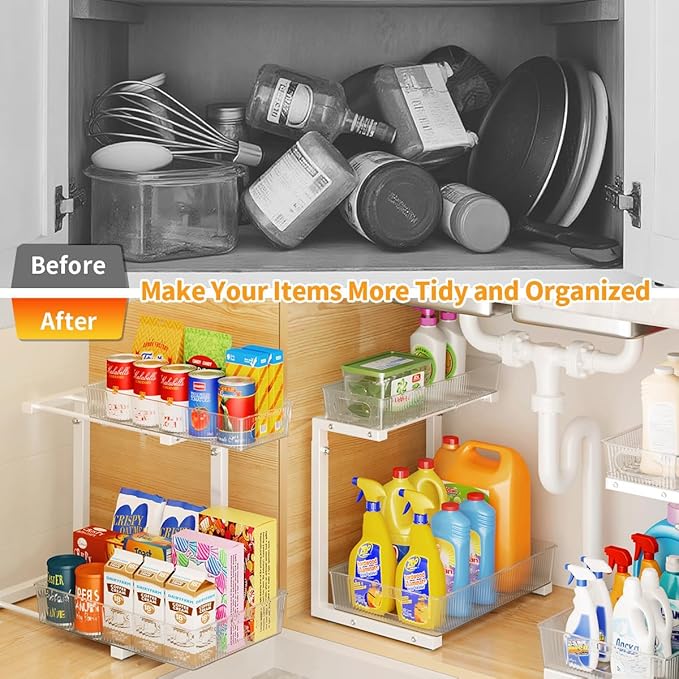 Under Sink Organizer, Under Sink Organizers and Storage with Adjustable Height and PET Basket, Pull Out Under Cabinet Organizer for Counter Kitchen, Vanity, Laundry, Pantry (2Packs, White)