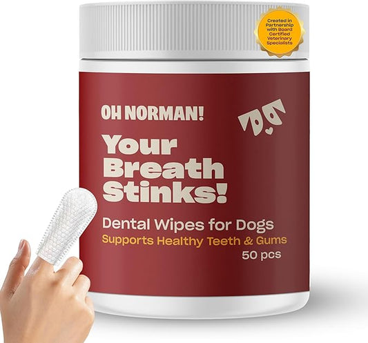 OH NORMAN! Dog Dental Wipes - Vet-Approved Pet Dental Finger Wipes for Oral Hygiene & Fresh Breath - Alternative to Finger Toothbrush for Dogs - No Fuss Dog Cleaning Supplies for Daily Use - 50 pcs