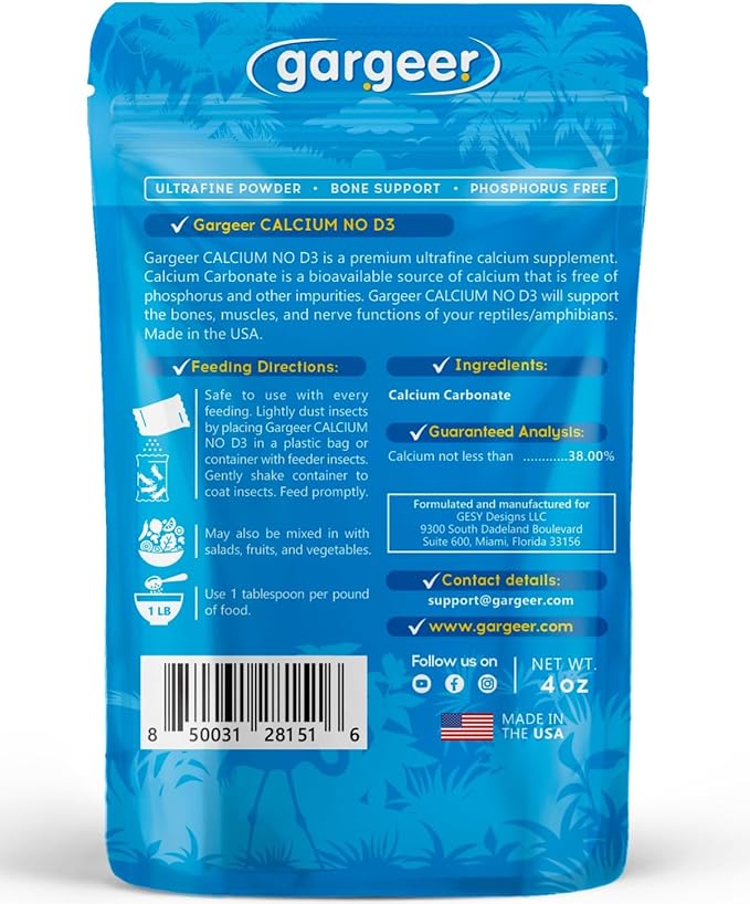 4oz All Reptile Calcium Powder, Phosphorus-Free Ultrafine Powder, Pure Dust Without Vitamin D3, Ready to Use for All Reptiles, Lizards & Amphibians Supplement. Made in The USA. Enjoy !