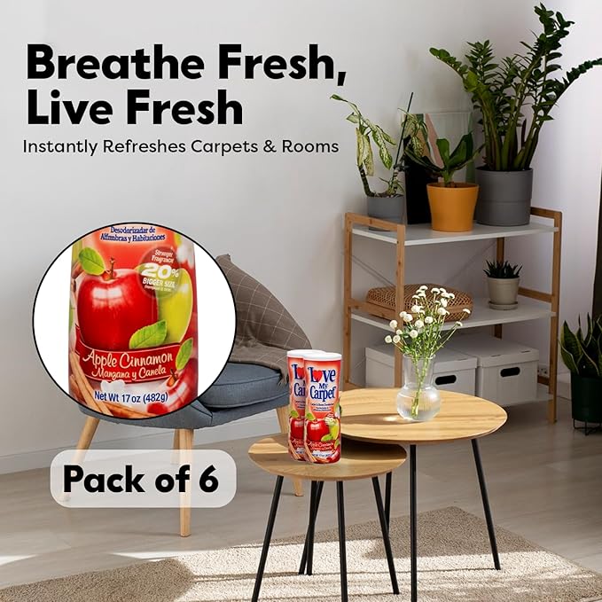 6 Love My Carpet | Carpet Deodorizer & Freshener Powder | 17 oz Pet Odor Eliminator for Strong Odor & Pet Urine | APPLE CINNAMON | Safe for Homes with Pets