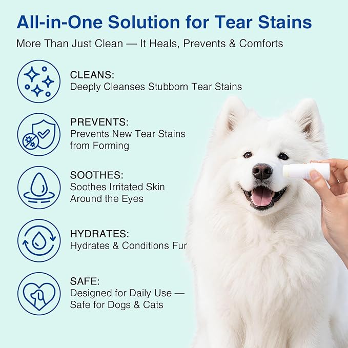 Tear Stain Remover Balm for Dogs & Cats – Vet-Recommended Natural Eye Stain Cleaner Stick, Gentle & Safe Formula – Removes Tear Stains & Prevents New Ones Pet Eye Cream Cleaner for Wrinkle, Face