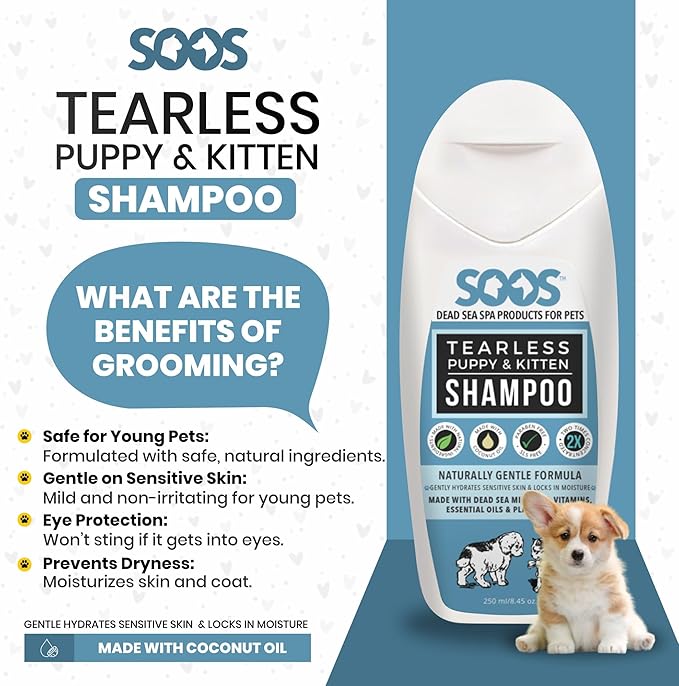 Soos Pet Shampoo Natural Dead Sea Tear-Less Fast Absorbing with Vitamins Minerals for Puppy and Kitten - 1x (250ml / 8.45 oz)