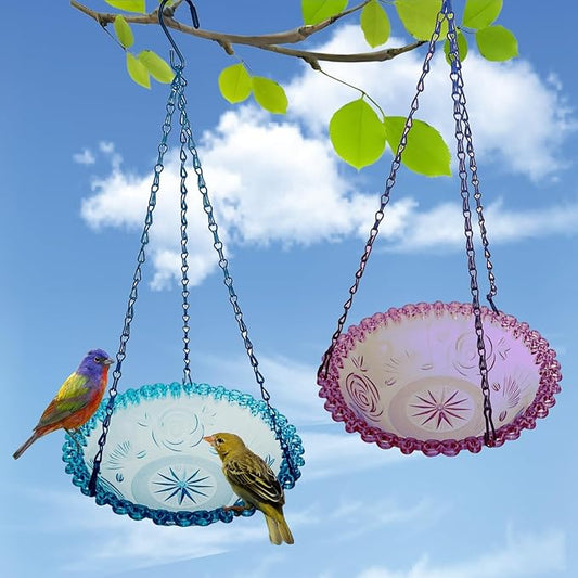 2 Pack Hanging Bird Baths Bowl Outdoor Feeder 15.8 Inch Metal Chains, Weather-Resistant Hanging Bird Feeder & Bath Tray for Garden Patio(Plastic Blue&Purple)
