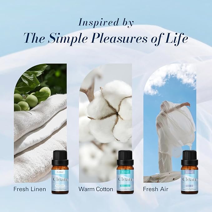 JCLOUD Essential Oils for Laundry, Clean Scent Fragrance Oils Set, Use with Wool Dryer Balls - Fresh Linen, Soft Laundry, Warm Cotton Essential Oils for Diffusers for Home, Natural Fresh Scent, 6x10mL