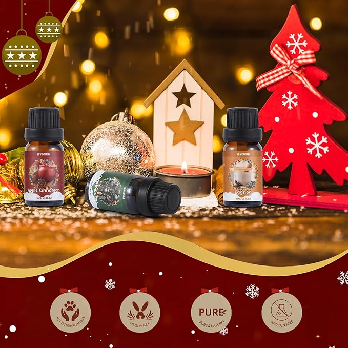 Christmas Essential Oils Gift Set, AVEOIRA Winter Fragrance Oil for Diffuser, Candle, Soap Making, Christmas Tree, Apple Cinnamon, Candy Cane, Gingerbread, Cranberry, Eggnog, Scented Oils, 6x10ml