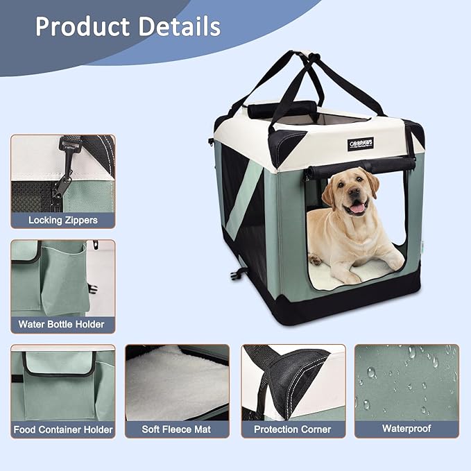 JESPET Soft Dog Crates Kennel for Pets, 3 Door Soft Sided Folding Travel Pet Carrier with Straps and Fleece Mat for Dogs, Cats, Rabbit, Indoor&Outdoor Use(5-Shale Green, Small(24"L x 16.5"W x 16.5"H))