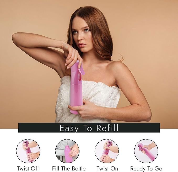 VIGOR PATH Continuous Spray Bottle for Hair – Fine Mist Mister for Hairstyling, Cleaning, Plants, Pets, Barbers, Salons, and Essential Oil Applications (300ml/10 oz) Pink