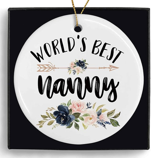 World's Best Nanny Ceramic Ornaments Gifts, Grandma Grandmother Round Hanging Ornament Decor Decorations for Christmas Tree Car, Thank You Appreciation Gifts for Nanny Birthday Holiday