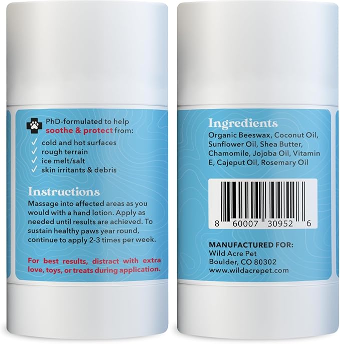 Wild Acre Maximum Strength Paw Balm for Dogs - All Weather Paw Protector for Snow, Sand, Pavement, Lawn Chemicals and More - Soothing Paw Balm with Easy Stick Application, 2.65oz Value Size