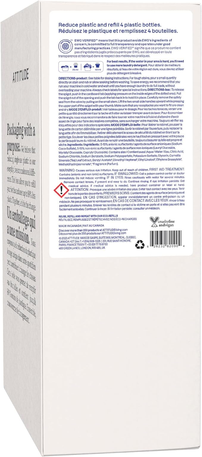 ATTITUDE Liquid Laundry Detergent Refill, EWG Verified, HE Compatible, Plant-Based & Vegan, Natural Laundry Soap, Wildflowers Scent, 160 Loads, 135.26 Fl Oz