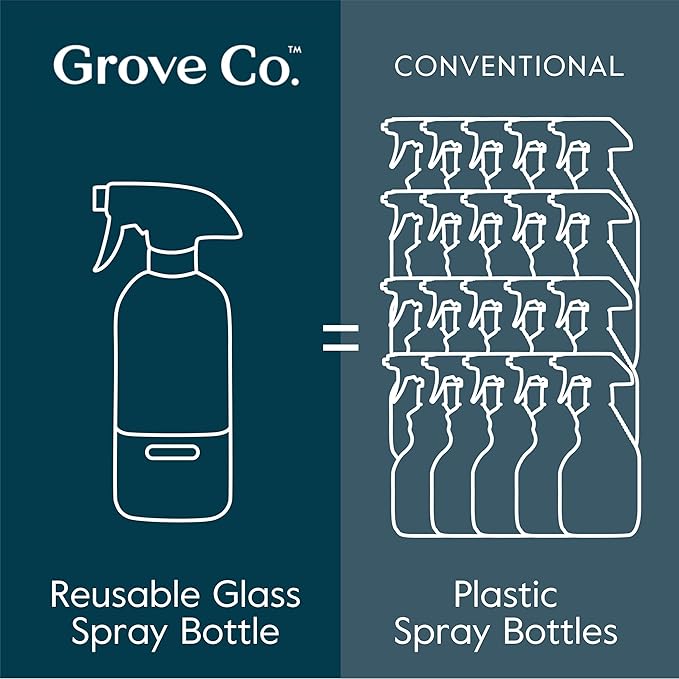 Grove Co. Glass Spray Bottles for Cleaning Solutions, 2-Pack Bundle, Unique Silicone Sleeve Slide & Snap Custom Label, Refillable Spray Bottle, Made from Recycled Glass, 2 x 16 oz