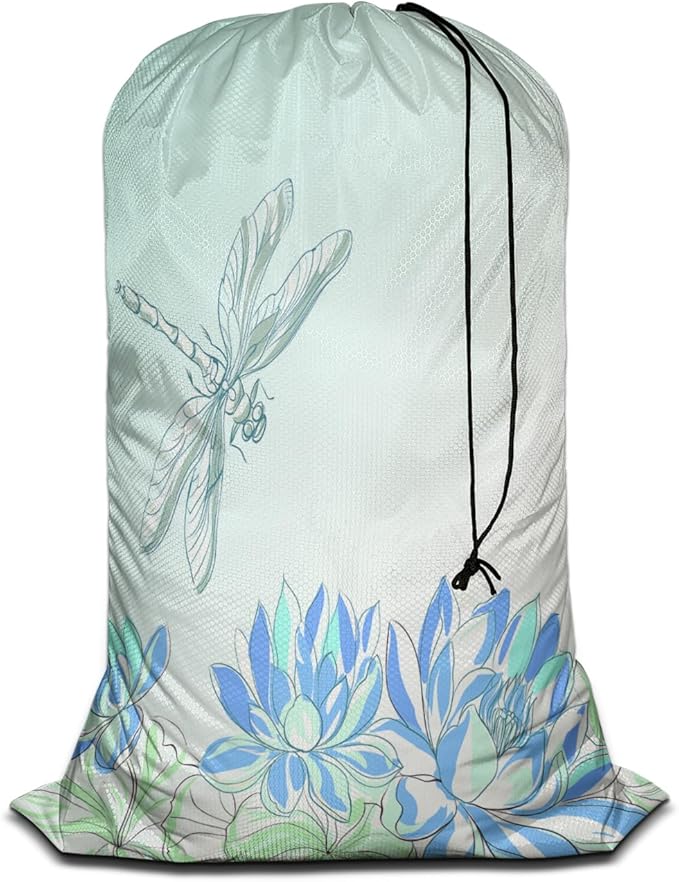 Swono Lotus Flower Laundry Bag with Strap Machine Washable Large Dirty Clothes Organizer Dragonfly Summer Floral Pond Blossom Botany Easy Fit Laundry Hamper or Basket, Carry Up to 4 Loads of Laundry