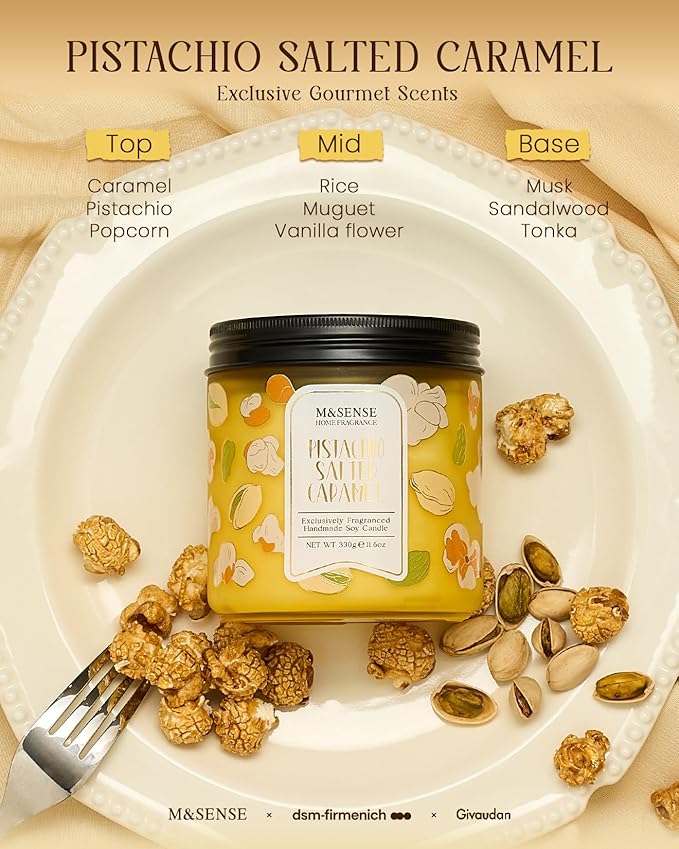 M&SENSE Pistachio Caramel Scented Candle, 11.6oz Natural Soy Wax Non Toxic, 2 Wick Jar Candle, Up to 70 Hours Clean Burn, Housewarming Gift for Women, Nutty Sweet Aroma for Home Office Comfort