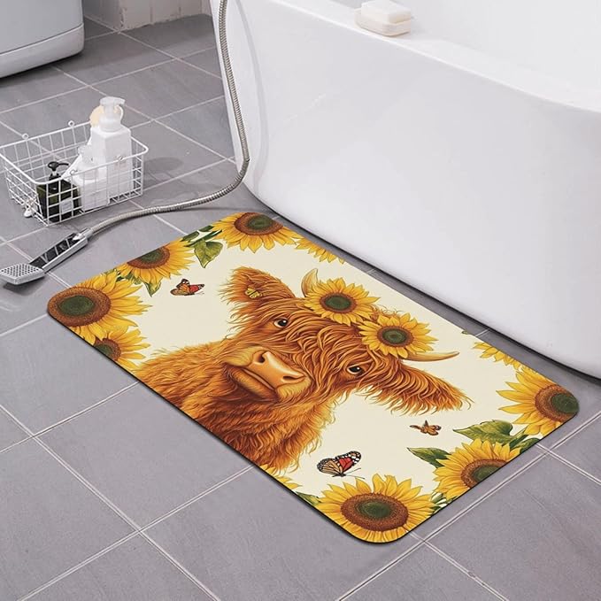 Highland Cow Bath mats Quick Dry Absorbent Bath Rugs Rubber Non Slip Bath Mat for Bathroom Floor Tub Shower Sink 16"×24"