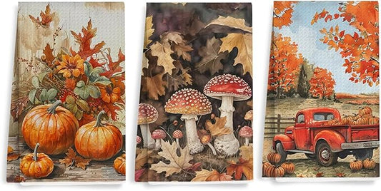 3 Pcs Fall Themed Kitchen Towels, Rustic Pumpkin Decorative Absorbent Microfiber Dish Cloth Tea Towel, Maple Leaves Waffle Soft Hand Towels for Farmhouse Home Kitchen, Mushroom Gifts