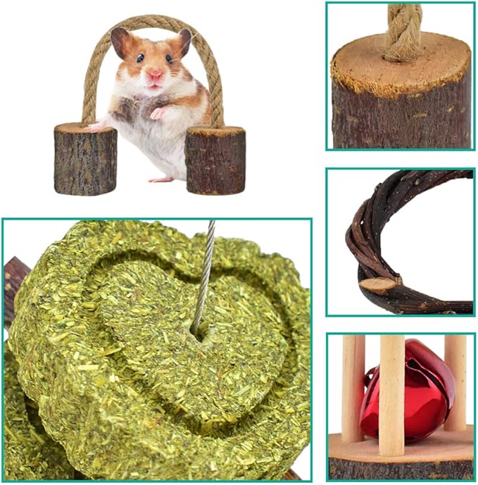 ERKOON New 12 Pack Hamster Chew Toys Gerbil Rat Guinea Pig Chinchilla Chew Toys Accessories, Natural Wooden Dumbbells Exercise Bell Roller Teeth Care Molar Toy for Rabbits Bird Rabbits Hamster Gerbil
