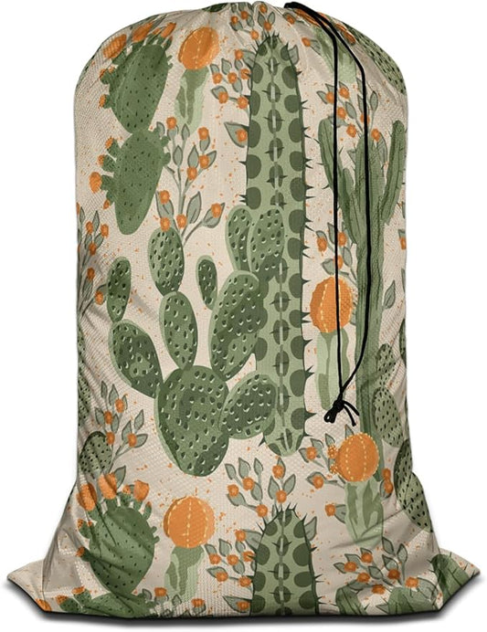 Swono Succulent Cactus Extra Large Laundry Bag with Drawstring Closure 28"x40", Retro Mexican Orange Flowers Exotic Tropical Plants for College, Dorm and Apartment Dwellers
