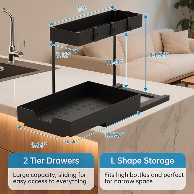 2 Pack Under Sink Organizer 2 Tier Sliding Cabinet Organizers Multi-Purpose Sink Storage Basket L-Shape Narrow Space Storage Shelves with 4 Hook for Kitchen Bathroom Drawer, Black