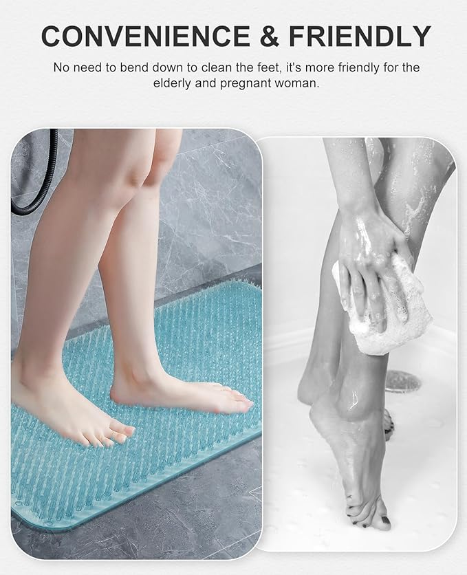 OTHWAY Non Slip Grassy Bathtub Mat : 25.6X13.4 inches Sturdy But Soft Bath Mat_Quick Drain Shower Floor Mat with Soft Bristles for Scrubbing Feet (Light Blue)