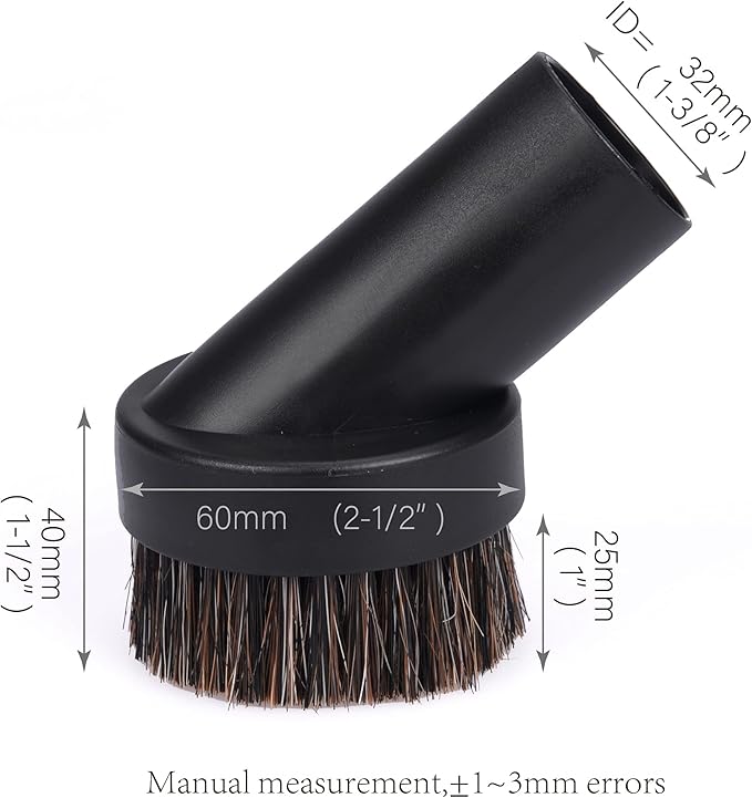 25mm Long Horse Hair with Universal Connector for 25mm/1", 32mm/1-1/4, 35mm/1-3/8 Hose, 1.25 Inch Small Round Dust Suction Brush Vacuum Brush Attachment Soft Bristle Cleaner Replacement with Adapter